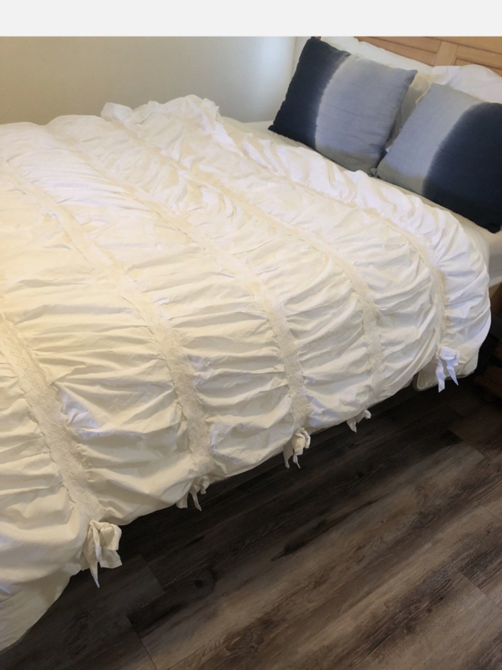 luxurious king Ruched Comforter by Rachel Ashwell in solid white with lace trim